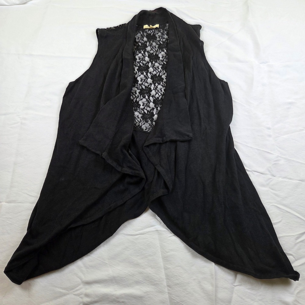 Brina & Em Knit Sweater Vest XL Black Floral Lace Tie Back Open Front Sleeveless